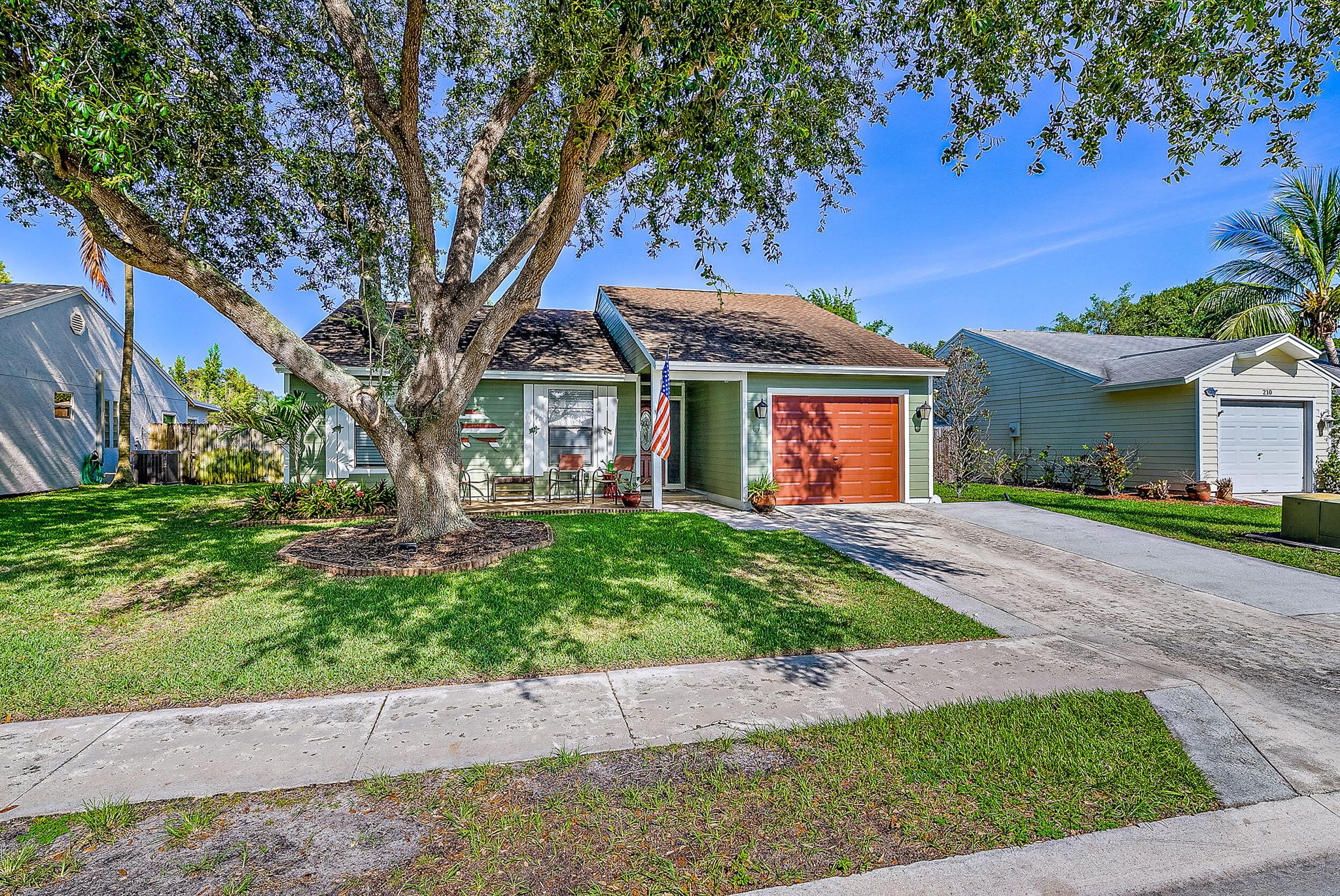 Here is your chance to get into the desirable community of Greentree Circle. This home features three spacious bedrooms, with brand new never walked on carpet, brand new tile throughout the living room and kitchen, walk in closet in the master bedroom, a one car garage and updated bathrooms. The open kitchen features a built in butcherblock and open concept. Outside you will enjoy an exceptionally manicured lawn, front patio, deluxe 8x15 swim spa which can hold up to 8 adults, ample parking and fully fenced yard. Jupiter Village offers a community pool, sidewalks throughout, street lights, basketball courts, and a playground.
