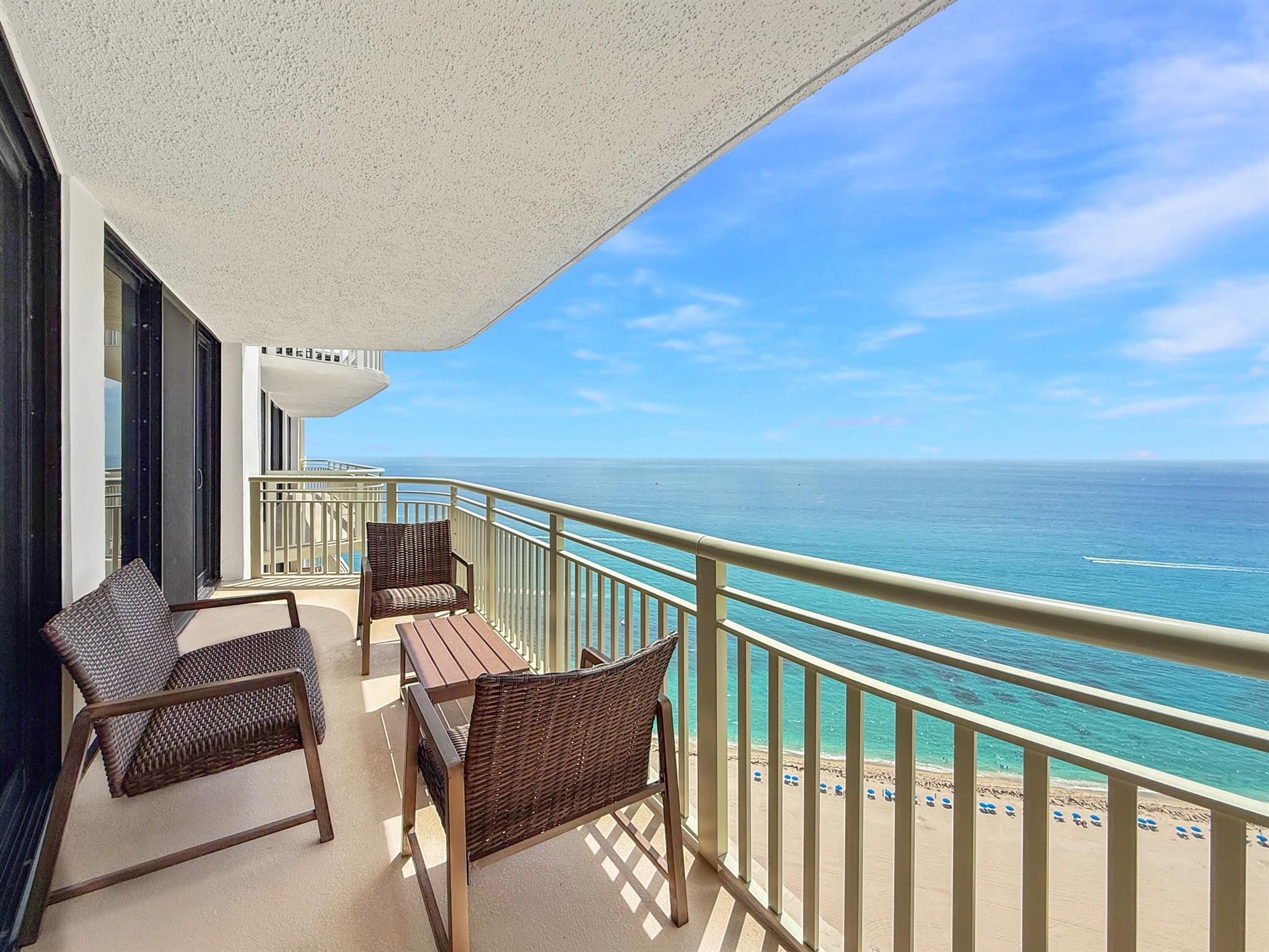 Water views as far as the eye can see! Come home each day to this stylish 2BR/2BA split bedroom floor plan with unobstructed ocean views from every room. Floor to ceiling slider windows bring in the light and allow access to the balcony from living room and both bedrooms. Tile floors throughout. Washer/Dryer inside unit. The Tiara condo is an elegant retreat, a resort lifestyle with every amenity: valet service, 24/7 concierge & staffed gate. A 1BR suite for your guests. Heated pool, separate jacuzzi, tennis, men's & women's fitness centers w/ steam & sauna, billiard room, library, card room. Beachside restaurant - eat-in or delivery. 43rd floor Marquis lounge w/ 360 degree view. 15 mins to 1st class shopping, dining & entertainment. 25 minutes to PBI airport.