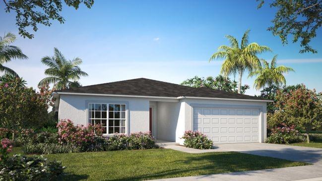 Pre-Construction. To be built. Step into a lifestyle of comfort and sophistication with The Marigold, ideally located in the beautiful Vero Beach community. This thoughtfully designed open-concept home is crafted with endless possibilities in mind, combining smart functionality with timeless style. It includes landscaping, appliances, an ENERGY STAR® top freezer refrigerator, & a full builder warranty, ensuring peace of mind & value from day one.
Experience Florida living at its finest with a spacious floor plan featuring a large great room, eat-in kitchen area, and a well-appointed kitchen with a center island and pantry—perfect for both everyday living and entertaining. The home also includes a flex space, ideal for use as a home office, dining room or play area to suit your lifestyle.