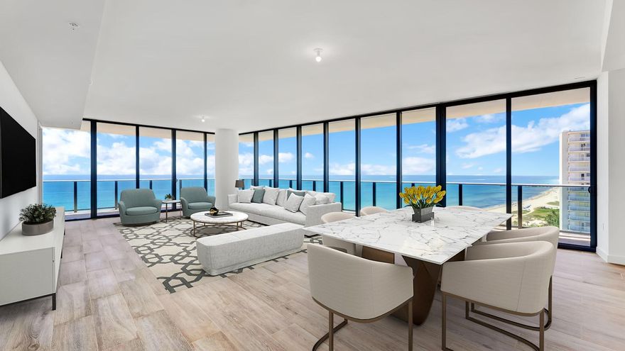 Casamar Residence 1401 in Pompano Beach presents the most luxurious direct southeastern oceanfront views. Step from the private elevator landing into the foyer of this 4-bedroom, 4.5-bath flow-through corner residence with den, boasting 3,390 SF and floor-to-ceiling windows that frame breathtaking Atlantic Ocean vistas. Outdoors, enjoy the tranquil sound of the waves from 1,290 SF of wraparound private terrace space. Residence 1401 features a spectacular family/dining room, spacious den, and a gourmet kitchen with Italian cabinetry, Sub-Zero/Wolf, Asko, and Electrolux appliances, plus a gas cooktop and island ideal for casual dining.