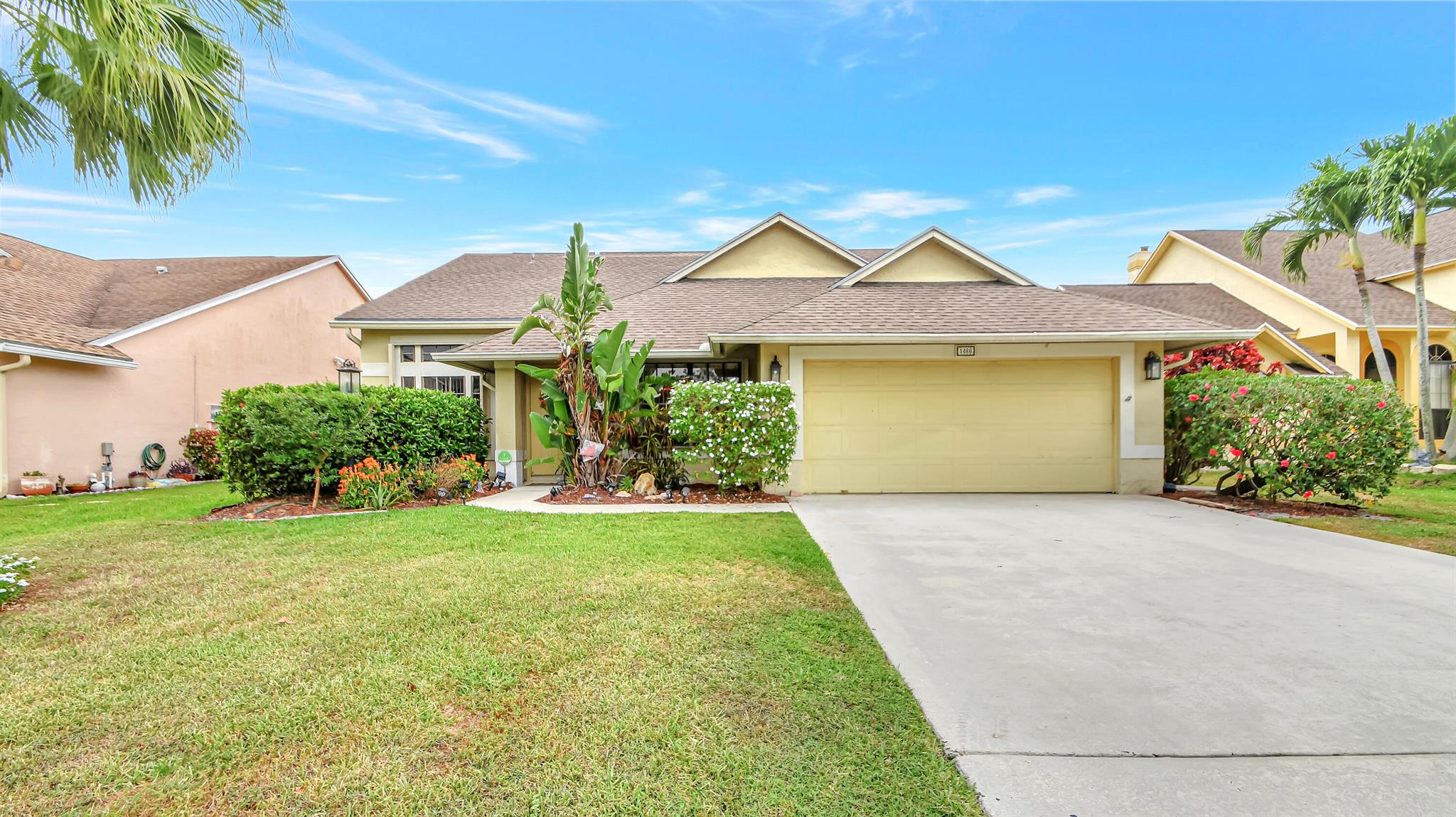 Furnished or unfurnished annual rental in the Wellington, FL school district. Move in just in time for the start of the school year. Close to Equestrian area. Walking distance to pool and boat ramp on Lake Wellington. Open floor plan with split bedroom floor plan. XL Kitchen with island, large pantry plus extra cabinets and a work station built in with granite desk top. New ceramic tile floors in formal living room and dining room. An enclosed furnished lanai the entire length of the house. (plus doggie door for small dog. Fenced in yard. Laundry room has new LG front loading washer dryer with extra cabinet space below. Gated quiet community. Close to Publix restaurants, shops you can bike or walk to if you want. Road has a separate lane for golf carts.