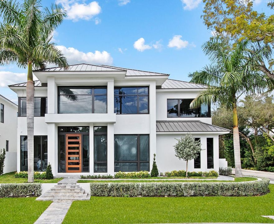 NEW CONSTRUCTION with waterway views. Ideal for boating, new dockage, no fixed bridges & mins. to the Intracoastal & Ocean. Introducing Rio Vista's newest luxury residence inspired by modern architecture & clean lines. Soaring ceilings & enormous windows illuminate the open floor plan, while multiple doorways blend indoor & outdoor living spaces. The commanding foyer & floating stairway encased in glass opens to a 2 story great rm. & formal dining rm. w/wine storage & wet bar. A culinary kitchen with upgraded appliances, gas cooktop, tremendous counter space, center island & breakfast area. 1st floor home office (or optional 5th br). Enormous primary suite w/2 walk-in closets & spa inspired bathrm. En-suite bedrms & 2nd floor laundry rm. Tropical pool with sun shelf. Sq ft from architect.