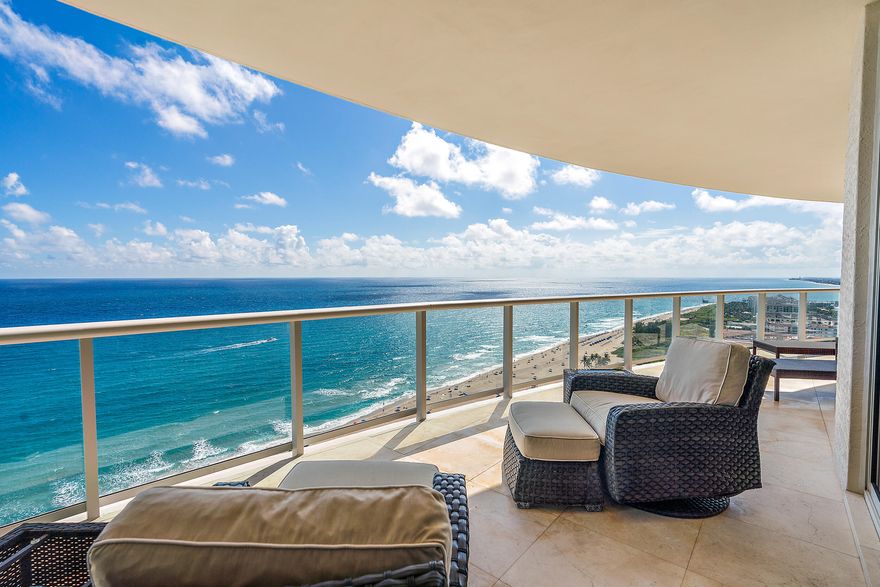 Unbelievable, unobstructed, and totally private views to the southeast of the beautiful blue ocean, and to the south, from the balcony, you can see the lights of Palm Beach, the inlet and the coastline for miles. This 3950 square foot, 3 bedroom / 3.5 bath condo was renovated with 4ft X 4ft ''white glass'' tile floors, all white square edge countertops and white Italian cabinetry. The floor plan was designed with the kitchen, great room, dining room, den and master bedroom all with direct ocean views as far as you can see. Comes with two parking spaces in the garage. GRAND LOBBY WITH PANORAMIC ATLANTIC OCEAN VIEWS, 24-
HOUR CONCIERGE AND VALET SERVICES, SOCIAL 
CLUB/ENTERTAINMENT ROOM, PRIVATE THEATRE ROOM, STATE 
OF THE ART FITNESS & AEROBIC CENTER, HIS & HERS SAUNAS, 
LUSHLY LANDSCAPED POOL DECK PROMENADE, BEACHFRONT 
CABANAS, OCEANFRONT INFINITY-EDGE SWIMMING POOL, 
POOLSIDE BAR AND GRILLE, FITNESS-STYLE LAP POOL, 2 HEATED 
SPAS, DOG PARK, GUEST SUITES AVAILABLE