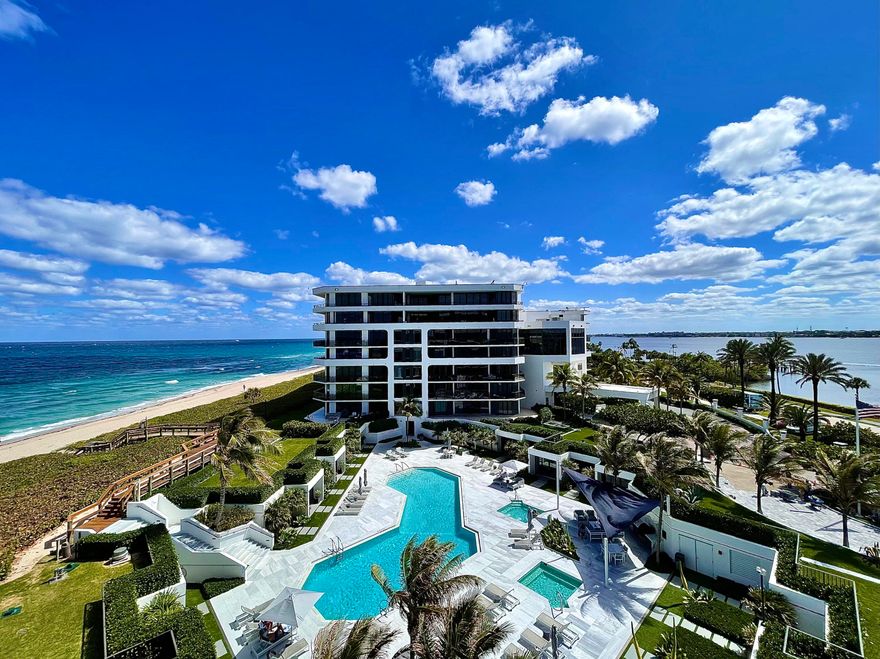 Located on the 5th floor with a stunning glass balcony, this spacious 2 Bedroom split plan with 2.5 Baths has sunny southern exposure and offers gorgeous Ocean, Pool & Intracoastal views. This unit can be easily updated or designed to be your oceanfront dream home. The Palm Beach Hampton is pet friendly and has a 24/7 manned gatehouse, doormen, 2 garage parking spaces, state-of-the-art fitness center, 2  tennis courts, a newly renovated pool area and 800 feet of sandy beach. The Hampton is a magnificent oceanfront building and recently has gone thru extensive capital improvements including structural restoration and beautification.