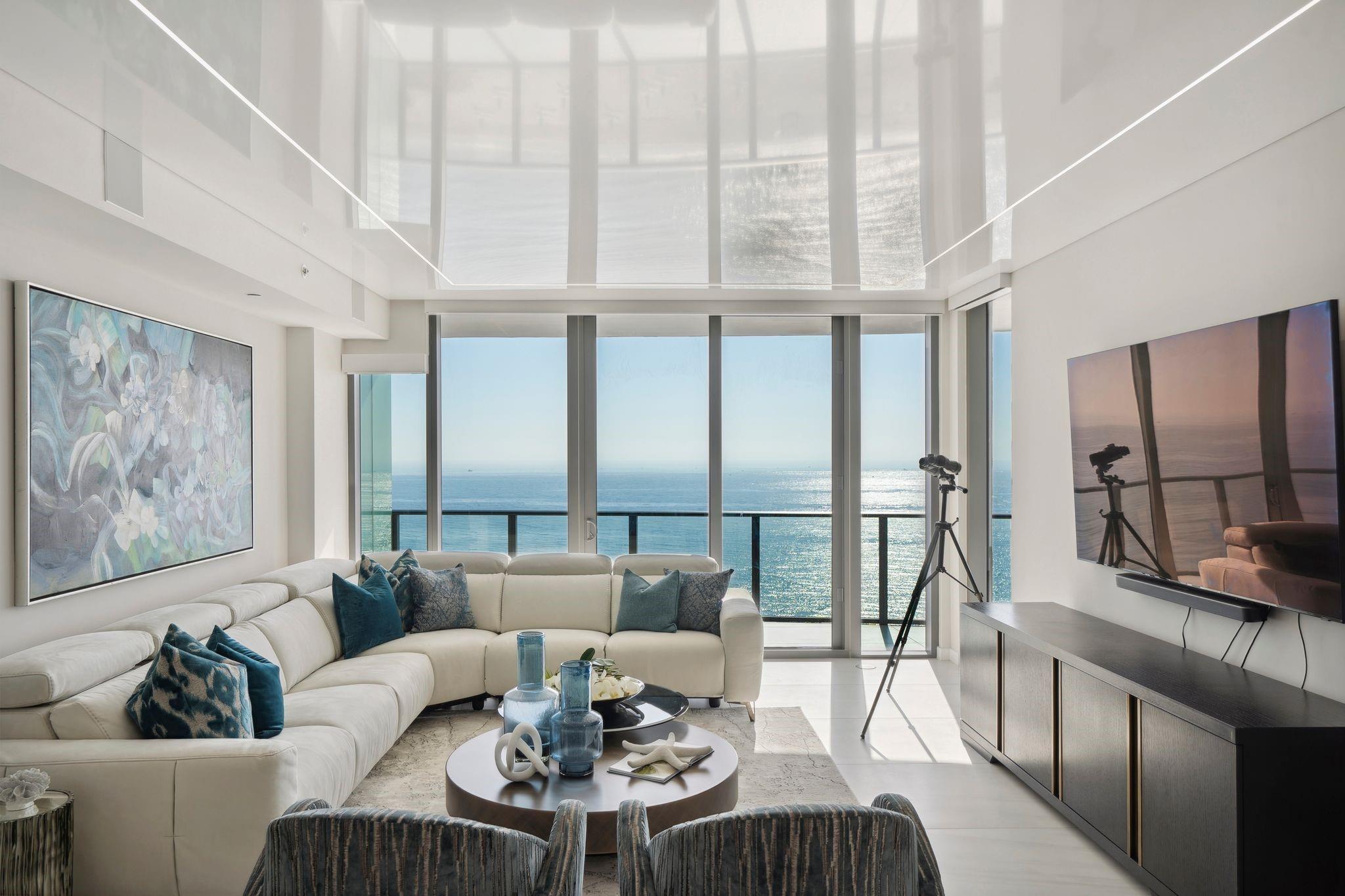 Premium south east corner residence bespoke touches throughout. Large open flow through floor plan of 3 bedrooms 3.5 bathrooms + den, with floor to ceiling glass doors. Oversized ocean & sunset glass balconies with balcony access from every room. Italian kitchen cabinetry, porcelain countertops, Sub-Zero appliances, gas range, steam oven, and espresso machine. Custom stretched ceilings with integrated LED lighting, electric blinds, and built ins. Resort amenities: east and west pools, spa treatment rooms, state of the art gym, screening room, club room with catering kitchen, bbq areas, gardens, pavilions, cabanas, breakfast cafe, residents concierge, 24/7 valet. Pet friendly. Close to waterfront dining, boat club, Hillsboro Inlet and the best Pompano Beach has to offer