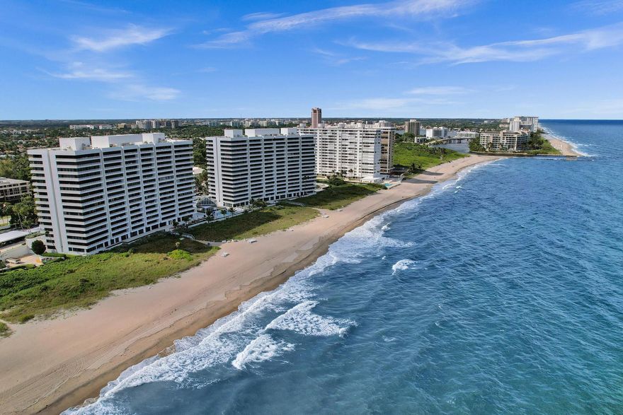 Finally an oceanfront condo that lives up to expectations.  A premier unit in a premier full service concierge building.  This spacious 3/3.5 boasts over 3000 sq. ft. of one level living. Southeast exposure w/sweeping views of Deerfield Pier & Boca Inlet & endless views of the blue Atlantic.  As you exit the elevator to your private ''lobby'' servicing just 2 units & walk through the double door entry your eyes are immediately drawn to the breathtaking ocean views.  Inside is an open floorplan with generously sized main living areas & bedrooms with updated baths. East/west ''flow through'' captures sunrises & sunsets & shows light & bright. Updates include Electronic window treatments ''pocketed'' in decorative soffits w/additional LED recessed lighting. Contemporary TV wall & open kitche