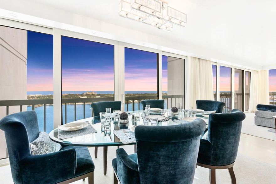 PENTHOUSE - Professionally designed and  furnished. Unparalleled views from every room, including the intracoastal, ocean, and yachts from sunrise to sunset. Spectacular, high-end, complete renovation of the residence. An impressive entertaining bar made of quartz with under mount LED lighting faces the endless unobstructed water views. This high-end renovation includes a substantial walk-in closet in the primary suite, chic modern kitchen, Thermador wine fridge, multiple entertaining areas, and spacious bedrooms. Excellent location, close to the north bridge, Royal Poinciana Plaza, Palm Harbor Marina, shopping and restaurants. Includes 2 garage parking spaces. Full-service building, valet, 24-7 doorman, garage, security, swimming pool, gym, tennis and pickle ball. Pet friendly. This is a must see!