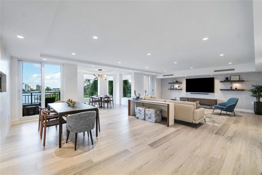 New Luxury designed 5468 SF waterfront residence, so expansive it feels like a single family home!  Intracoastal views from 5 terraces, as well as the artfully designed interior with an abundance of natural light throughout.  This one of a kind space has been remastered featuring a luxe main suite that occupies the SE wing & features 2 sitting areas, spa inspired ensuite w/ sauna, mini bar & custom closet.  Gourmet kitchen features Thermador appliances, spacious main living area has options for formal & informal spaces, see thru linear fireplace, wine wall, impact windows/doors & home gym.  Guest quarters can be closed off to main living and boasts its own private entrance w/ 3 suites/2 baths & lounge area.  Included: 60' deeded dock, 4 garage spots, 3 storage, 24/7 security, pet friendly!