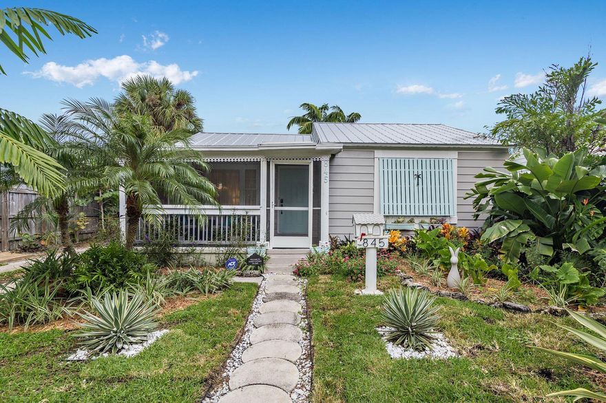 1940's Key West Bungalow. Welcome to 845 Sunset Road, a sweet little charmer perched high on one of the best blocks in the heart of Flamingo Park. With a 2 bedroom, 1 bath main house and a delightful guest cottage featuring a kitchenette and full bath, this cutie incorporates a cozy screened in sitting porch, original 1940's hardwood floors, a new metal roof, impact glass, a brand-new kitchen and sits on a 125 ft extra deep lot with plenty of room for pool or expansion. Walk or bicycle to Grandview Market, Rosemary Square and all booming West Palm Beach has to offer. Per historic department 1596 square feet can be added to this property.