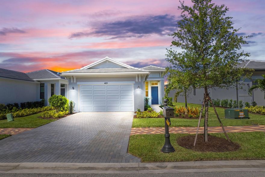 Experience luxury living at Rivella by Kolter Homes—new construction homes along the St. Lucie River, just minutes from the Atlantic beaches. Enjoy spacious, modern floor plans, resort-style amenities, and peaceful natural surroundings. Perfect for buyers seeking comfort, style, and an active coastal lifestyle in a prime Florida location. Offering uninterrupted preserve views. This Caroline features 3 beds/2 baths, and a flex room on a pristine homesite with no neighbors in front or behind. The home includes a lanai and owner’s suite extension. With modern interiors create an open and inviting atmosphere. 12' x 10' sliding glass doors. The kitchen is equipped with a microwave and wall oven combo.