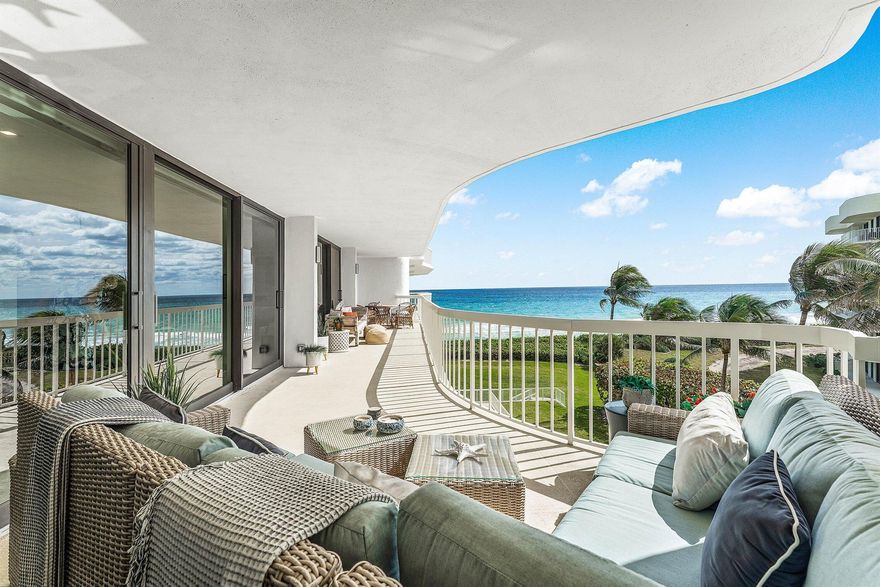 Sun filled ocean views from this completely renovated, spacious and pristine 2BR/2BA residence in the highly desirable Meridian, Palm Beach. Floor-to-ceiling impact sliders open from every room to a large private terrace overlooking the shoreline. Nearly 2,000 sq. ft. of updated interior living space includes a gracious foyer, separate dining area, and a well-appointed kitchen with breakfast bar and excellent storage. Split-bedroom layout provides privacy, both with walk-in closets and terrace access. The Meridian offers newly updated resort-style amenities: redesigned pool & spa, beach chair/umbrella service, tennis, fitness center, social room, garage parking, 24-hour gatehouse, and on-site maintenance. Enjoy luxury coastal living!