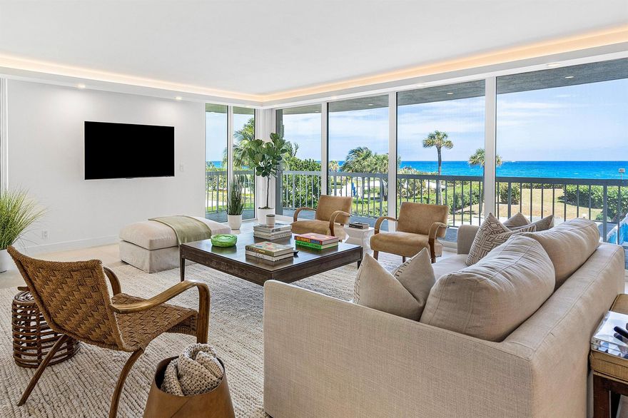 Magnificent Ocean views as soon as you enter this beautiful, newly high end renovated contemporary unit. Sunrise and sunsets from the east, west and north balconies. Reconfigured and newly renovated for todays lifestyle. The foyer opens to the great room with a white open chefs kitchen and floor to ceiling impact sliders leading to the spacious terraces. The Master bedroom has a spa like marble bath and large fitted closets along with 2 terraces with Ocean and Intracoastal views. Laundry room and several walk in closets throughout. The Meridian has gatehouse security, garage parking, beautiful pool and spa, wide beach, fitness center 2 tennis courts, community room, and stylish new lobbies and halls. Close to restaurants, Palm Beach Par 3 Golf Course, Worth Avenue, and cultural centers.