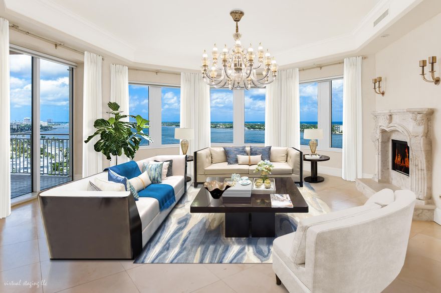 Spectacular Intracoastal and ocean views from this 4BR/4.5BA condominium plus a rare pool side cabana/guest suite. Waterfront unit includes marble flooring, fireplace, eat-in kitchen,4 bedrooms with private bathrooms. Four spacious balconies, and library. 2 parking spaces and extra storage. Full service building with exercise room, full time manager, club room, pool, and spa.