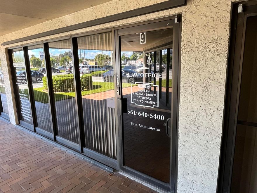 Nicely finished former law office space. This space has all you need for your professional office business. Unit comes with position on street sign on Military Trail with 47,500 AADT.  Nice reception / waiting area, large admin area with window to reception area, 5 private offices, large conference room, two bathrooms, kitchenette area.  Rent is mod gross with exp stops on prop taxes & prop insurance. Internet provided by AT&T and not to be changed. Reception area and conference room are end to end to each other so reception area could be attractively doubled in size. This aesthetically pleasing expansion of the waiting area is the front of the unit with one long wall facing outside which is all glass.