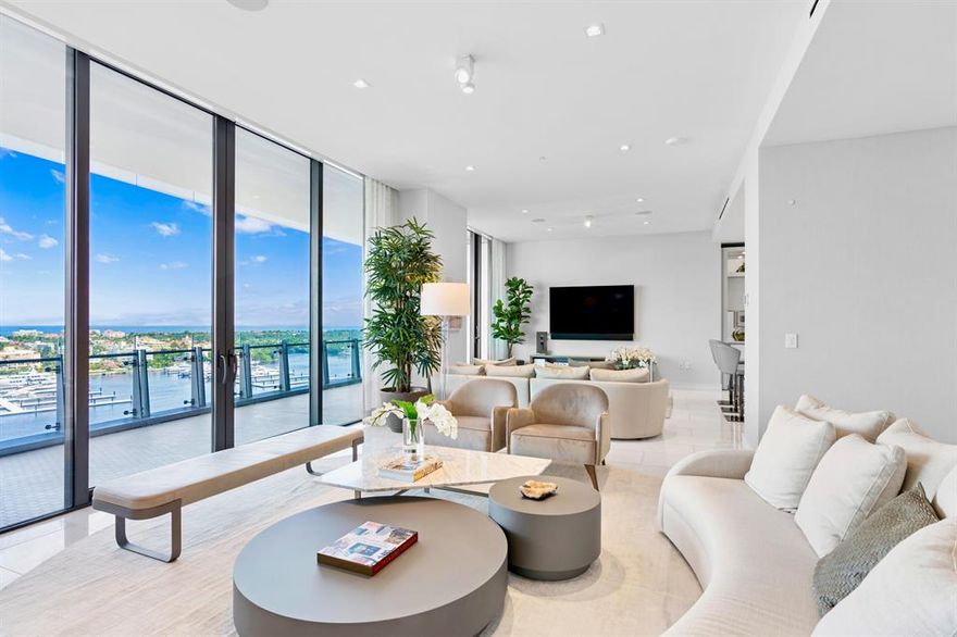 This STUNNING brand new, 3 Bed + Den is over 4,200 total SF, including 2 spacious terraces. Breathtaking direct ocean and intracoastal view from the living room, dining room, master suite, and kitchen. Dramatic 11-ft. sliders/windows. Dual master baths and dual dressing rooms. Includes all designer furniture & decor by Artefacto. Electronic shades/blackouts, custom closets, speakers, and marble flooring throughout. Pet friendly building w/no weight restrictions. The Bristol has the most exquisite world-class amenities including two immaculate spas, waterfront fitness center, stunning beauty salon, spacious outdoor entertaining terrace, club lounge, private dining room, conference room, 75-ft swimming pool, indoor, outdoor jacuzzi, card room and the most sophisticated generator...