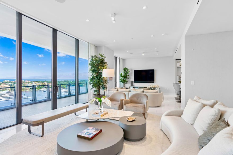 This STUNNING brand new, 3 Bed + Den is over 4,200 total SF, including 2 spacious terraces. Breathtaking direct ocean and intracoastal view from the living room, dining room, master suite, and kitchen. Dramatic 11-ft. sliders/windows. Dual master baths and dual dressing rooms. Includes all designer furniture & décor by Artefacto. Electronic shades/blackouts, custom closets, speakers, and marble flooring throughout. Pet friendly building w/no weight restrictions. The Bristol has the most exquisite world-class amenities including two immaculate spas, waterfront fitness center, stunning beauty salon, spacious outdoor entertaining terrace, club lounge, private dining room, conference room, 75-ft swimming pool, indoor, outdoor jacuzzi, card room and the most sophisticated generator... international concierge, exclusive car service, and 24-hour security/valet/doormen.