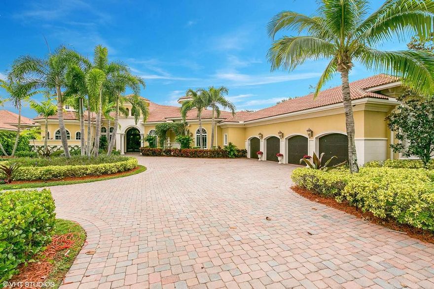 Magnificent estate home on one of the largest lots in Mirasol. Six bedrooms, seven full baths and two half baths, four and one half car garages, theater room and library all on one story! A rare find. Upgrades galore! Butlers kitchen off of the gourmet kitchen, wine closet, decorative ceilings. Beautifully landscaped large private yard with beach entry pool and spa and water features. The yard has a play area and a garden. Screened and unscreened lanai and a  summer kitchen. This remarkable home has large rooms and lots of glass. His and her bathrooms in the large master suite with sitting room, a kitchenette and extra laundry area as well. A perfect set-up for an in-law or live in help or visitors that want privacy in their own suite away from the main bedrooms. Extraordinarily high