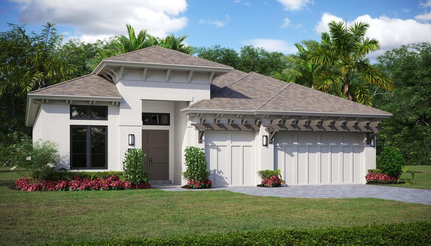 3 bedrooms and 3 baths, currently under construction and scheduled for completion in February 2026. This impressive design features a dramatic vaulted ceiling with wood-wrapped beams and elegant tongue-and-groove details in the great room, dining area, and foyer. The den/office is ideally located near the heart of the home. The kitchen is a thoughtfully detailed including a quartz backsplash, under and over cabinet LED lighting and the island is accented with a built-up waterfall edging. Enjoy outdoor living at its finest with an upgraded tile patio, a beautifully designed pool with a spa, and a spacious panoramic screen enclosure. Additional highlights include stylish large 24'' x 48'' porcelain tiles, a stunning 78-inch linear fireplace.