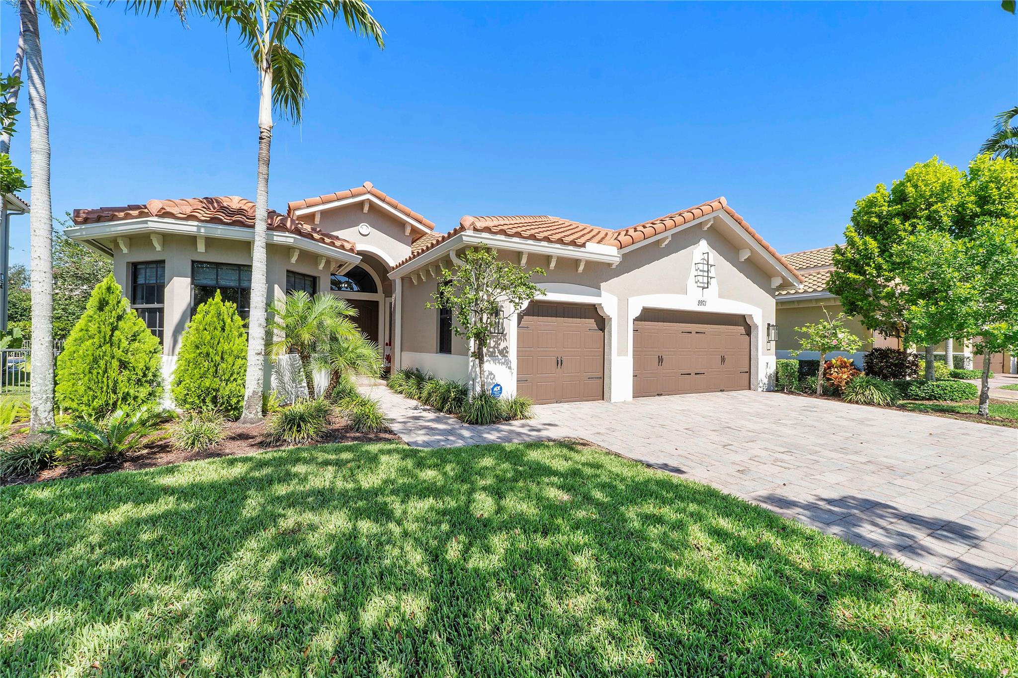 Welcome to this beautifully maintained one-story home in the prestigious gated community of Miralago! 4 spacious bedrooms, 3 full baths, and a highly desirable triple split floor plan that offers both privacy and functionality. The primary suite includes a versatile flex space perfect for a home office, nursery, or workout area. Open kitchen with wood cabinetry, granite countertops, stainless appliances, and an oversized dining area. Impact windows and doors. The outdoor space has a spacious patio. Located in a top-rated school district this home combines style and comfort. Resort Style Amenities, Basketball Court, 2 Pools, Fitness Centers, Kids Splash Pads, Tennis, Pickle ball, Playground, Access to Both Mira Lago and Cascata Clubhouses. This home is turn-key and perfect for relocation.