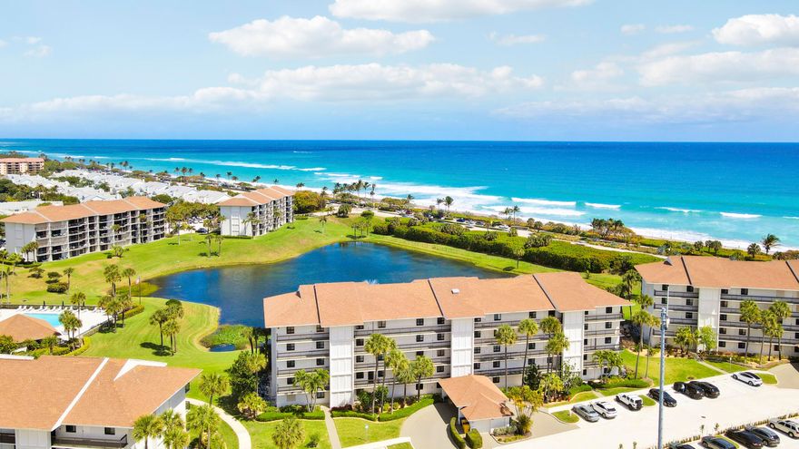 Perched on the top floor of the sought-after Ocean Bluffs South community, this oceanfront residence delivers unobstructed, panoramic views of Jupiter's most pristine beaches. Step inside to a beautifully upgraded kitchen featuring crisp white cabinetry, gleaming granite countertops, a stylish tile backsplash, and newer stainless steel appliances. The open-concept layout flows seamlessly into the dining area, where an eat-in counter with seating for four makes entertaining effortless. The primary bedroom is complete with walk-in closets and a private en-suite bath. Step through to your own private balcony to listen to the sound of the ocean. A second balcony extends your outdoor living even further, offering sweeping views of both the shimmering Atlantic and ... the beautifully landscaped community below. A standout feature rarely found at this price point: an oversized laundry, utility, and bonus room outfitted with additional closets and custom built-in cabinetry — ideal as a home office, flex space, or extra storage. The community includes a sparkling pool and spa, well-equipped fitness center, and tennis and pickleball courts. Plus, the best of the Jupiter-Juno Beach coastline is right at your doorstep. The iconic Juno Beach Pier, boutique shops, and fantastic restaurants are all just a short walk or bike ride away. Discover the Jupiter-Juno Beach location where world-class golf courses, premier marinas, fine dining, and upscale shopping are all within easy reach. Nature lovers will find pristine preserves, scenic kayaking & sea turtle nesting beaches practically outside their front door.  Every day here feels like the vacation you never have to leave. Welcome home!