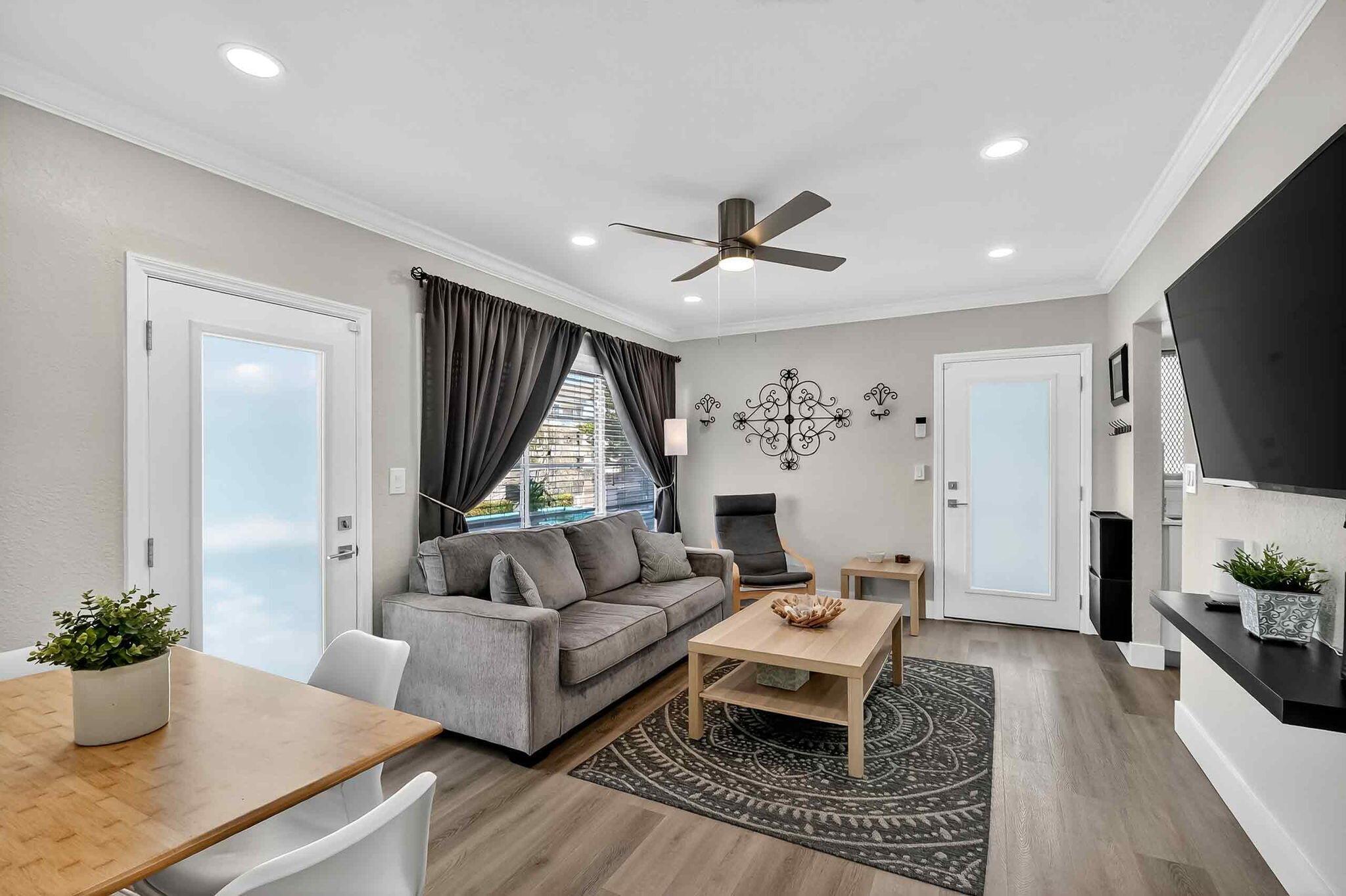 Prime corner 1 Bed + Den in historic Miami Modern building, just 3 blocks from Ocean Dr & South Beach. Filled with natural light, this turnkey unit features new impact windows/doors (2025), 30-ft private east-facing balcony, new central AC (2025), remodeled kitchen with high-gloss European cabinetry, quartz countertops & stainless steel appliances (gas stove, microwave, dishwasher, refrigerator). Renovated bathroom with walkin shower. Luxury vinyl flooring throughout, recessed lighting, crown molding & security system w/ doorbell camera. Elevator, onsite coin laundry. Selling furnished, move-in ready. All work done with permits.