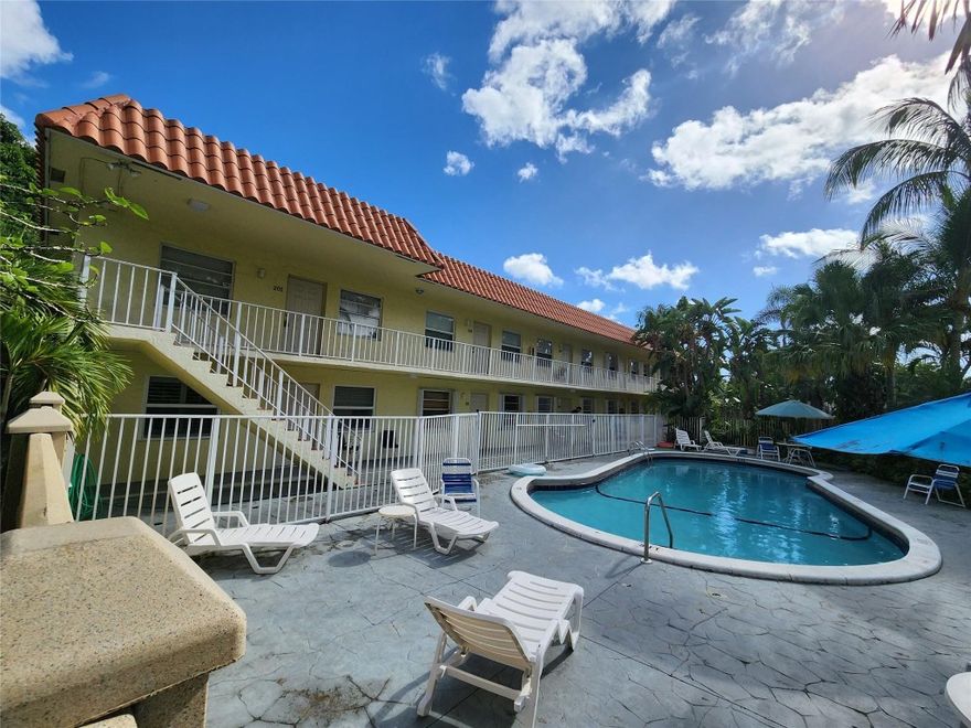 This is a great 2 Bedroom 1 Bath condo unit on 2nd floor that is very updated and clean.  Freshly painted. Just steps outside of popular Wilton Manors with great shopping, entertainment, restaurants and clubs nearby.  Low HOA, Pool and on-site laundry available.  Central air conditioning. Can rent 1st year and pets ok.  These units go fast and inventory is very limited in this price range so please take a look and make your offers fast!