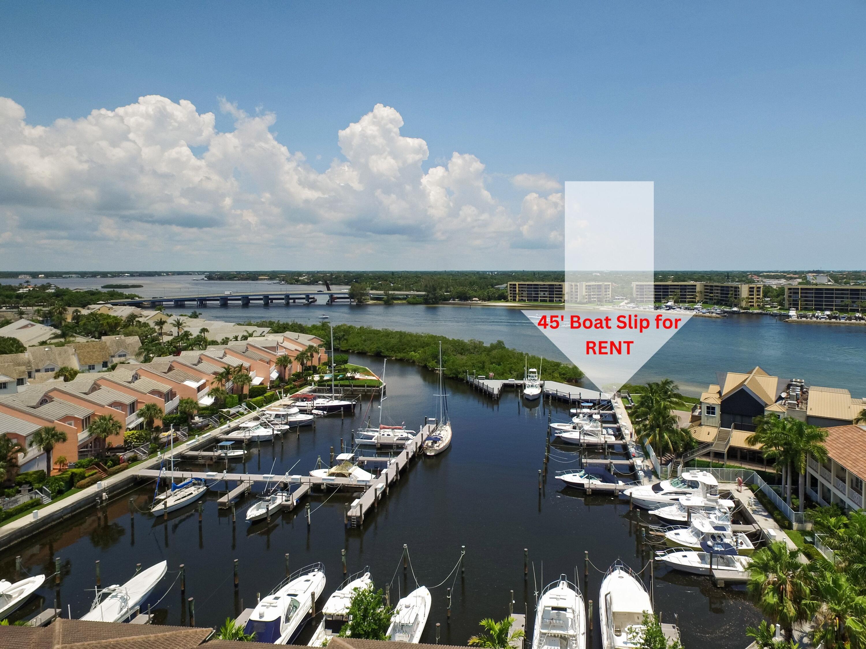 THIS IS A 45' BOAT/DOCK SLIP FOR RENT- THIS IS NOT RESIDENTIAL RENTAL LISTING **ONLY WET BOAT/SLIP FOR VESSEL**... A HOME FOR YOUR BOAT ONLY! Available TO RENT annually at $1200/m or Seasonally/short Term (90 day minimum) at $2000/m. Deep water dockage minutes to Jupiter Inlet on the blue water. No fix bridges. Man gated private community with parking, water and power at slip. 1000 North Restaurant onsite. NO BOATLIFTS.