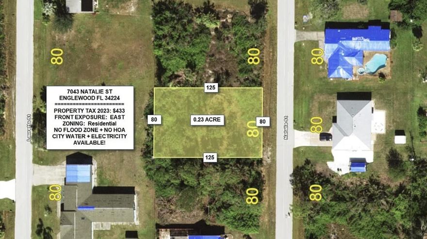 Build your dream home or invest in this prime vacant lot in Englewood! Quiet, non-HOA neighborhood with no deed restrictions. City water and electric available, lot not in a flood zone. Perfect for a custom large home, pool, or outdoor living space. Just 10-15 minutes to  beaches, shopping, dining, golf, and outdoor recreation. Growing, high-demand area with strong investment potential and low property taxes. Enjoy a peaceful, small-town Florida lifestyle with boating, fishing, parks, and easy access to Sarasota and Fort Myers. All offers welcome—this deal won't last!