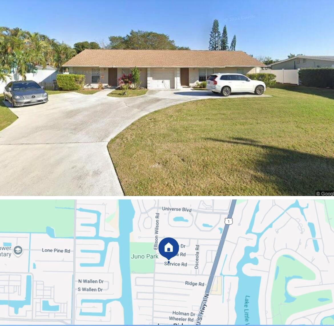 Newer CBS construction duplex featuring a 2-bedroom, 1-bathroom unit and a 3-bedroom, 2-bathroom unit, located just 5 minutes from the beach. This property boasts high ceilings, a large fenced backyard, a storage shed, and a 1-car garage, all nestled in the heart of a quiet, safe, and family-friendly community in Juno Beach.Both units are currently rented on a long-term basis, providing immediate income.Endless Possibilities for buyers or investors: maintain as a rental property for steady cash flow or remove the wall to create a spacious 5-bedroom single-family home.Live in one unit while renting out the other to help cover mortgage.Convert to an Airbnb to maximize income.Add another story to transform it into a 4-plex. No HOA fees or restrictions, well water.