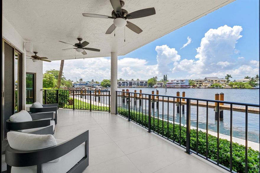 The crown jewel of Waterway North offering unmatched privacy and the most desirable vistas, this completely renovated first-floor residence is the only one uniquely situated on the complex's end point, it's own 38 foot dock. It directly fronts the Intracoastal Waterway with main rooms opening to the loggia offering easy access to the yard and waters edge with its own 38 foot dock private dock.