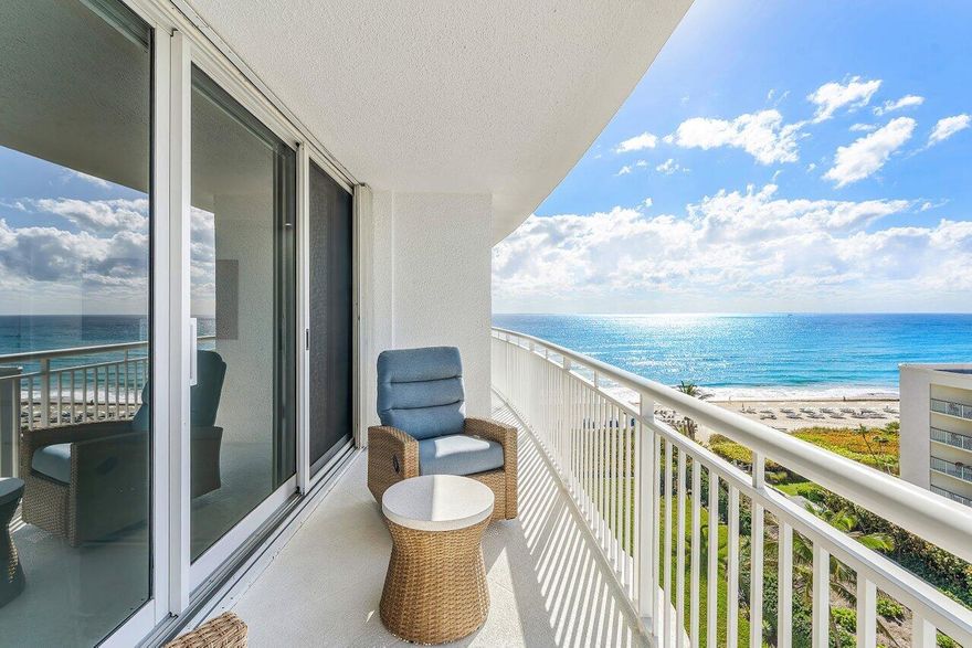Palm Beach oceanfront. Gut renovated 2025. Move-in ready with ocean sunrise and Intracoastal sunset views. 2BR/2BA split plan featuring dual primary suites and designer finishes throughout. Bright, modern interior with large-format porcelain tile, recessed lighting and electric blinds. Open kitchen with Calacatta-style quartz, full-height backsplash and Samsung Bespoke appliance suite. Spacious suites with walk-in showers and generous closets. Spa-inspired baths with floating vanities, dual sinks and LED lighted mirrors. Freshly painted throughout.  New hurricane impact floor to ceiling sliders. A+ building with wide sandy beach and dunes, heated pool with windscreen, fitness center, BBQ, storage and beach cabanas. Co-op rules: 3-6 month rental with 1 year hold. Must see.