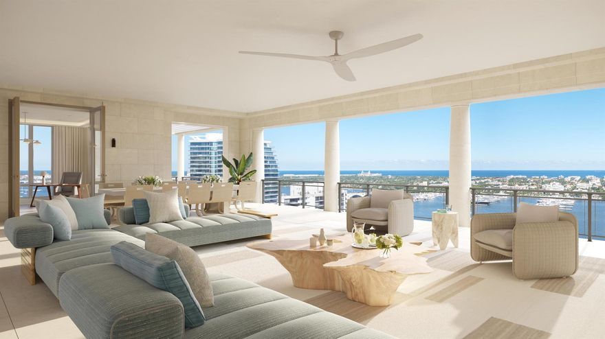 North Tower Residence 1900 at South Flagler House is a waterfront 3 BR, 4.1 BA featuring a formal dining room, corner den with a unique corner terrace & a 17' x 31' east-facing covered loggia. This well-proportioned home offers wide water views to the east, downtown to the north & sunsets to the west. Upon arrival, a private elevator vestibule opens to an elegant foyer with immediate views of Lake Worth, Palm Beach Island & the Atlantic Ocean. The spacious great room flows to the outdoor loggia, ideal for entertaining. The primary suite includes dual walk-in closets & windowed bathrooms. Additional features: windowed chef's kitchen, built-in wet bar, service entry, laundry room with dual washers & dryers & secondary bedrooms with en-suite baths.
