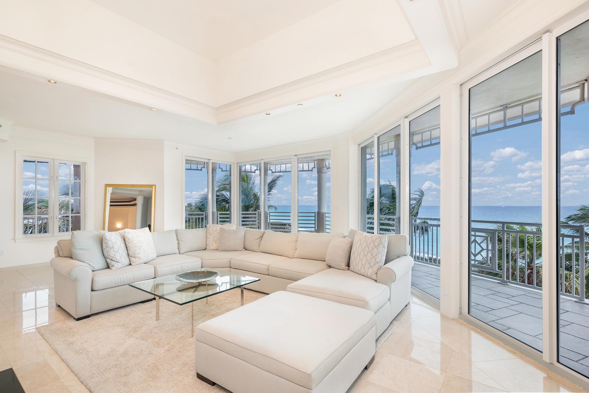 Stunning ocean views from every room in very private and gracious furnished condo with wrap around terraces. Only one residence per floor. Three bedrooms, 4.5 bathrooms, plus office and also a den. Enormous gourmet kitchen with breakfast room and walk-in pantry, separate dining room, large laundry room. Spectacular closet space. All impact glass and high ceilings. 2 garage parking spaces. Gated entrance and pool in community. May also consider 6+month seasonal lease.