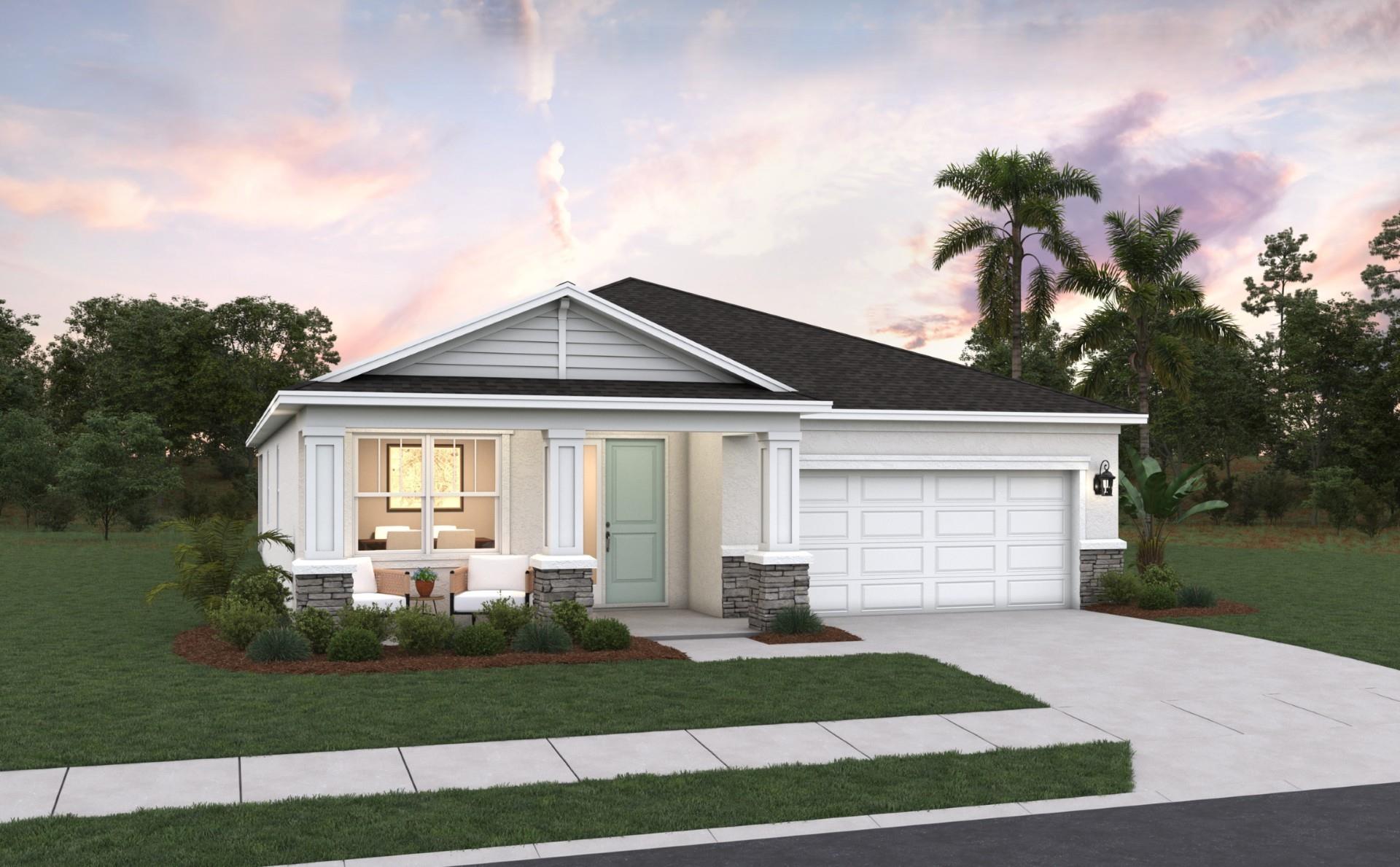 The Poinciana, a thoughtfully designed home offering 2,111 sq. ft. of open-concept living
space with modern comfort and flexibility. This 4-bedroom, 2-bath plan features spacious interiors, ideal for
both everyday living and entertaining. At the heart of the home is a well-appointed kitchen with a large
island that flows seamlessly into the great room and dining area—perfect for gathering with family and
friends. A flexible front room offers endless possibilities as a home office