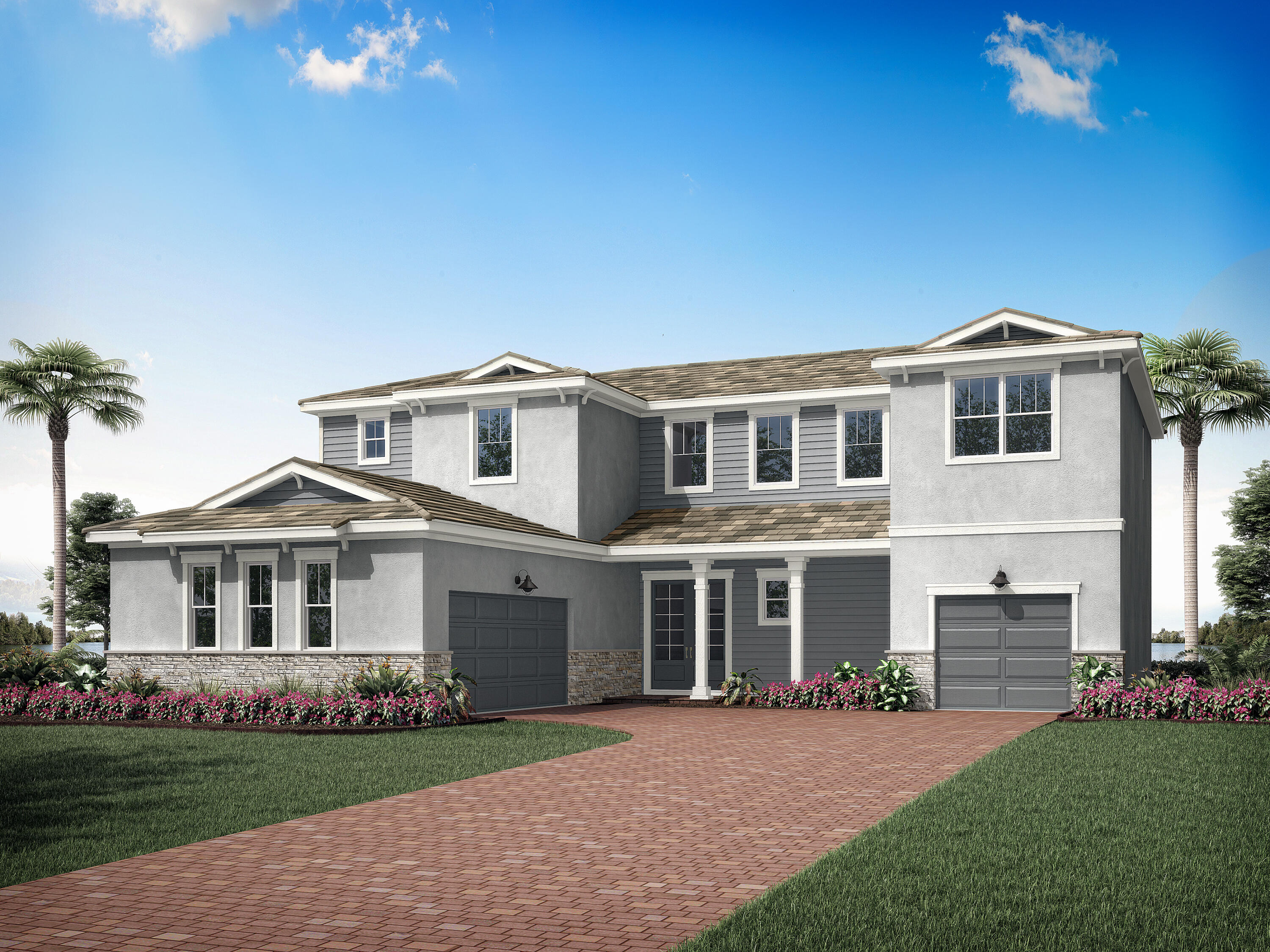The 3,466 square foot Palacio floorplan offers versatile, thoughtfully designed space in a pleasant configuration of shared and private living areas. The first floor has its own additional bedroom with a full bath and dual sinks in addition to a flex room and large, combined Great Room, dining room and kitchen with breakfast bar. Upstairs, a large loft makes for excellent gathering space. The large, private owner's suite has two walk-in closets. Bedrooms 2 and 3 also have walk-in closets, and an adjacent full bath with dual sinks.