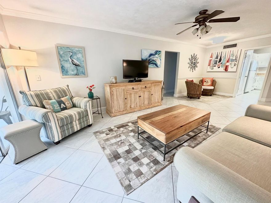This Fully Furnished Coastal Condo is waiting for your move! Unit is located in a quiet location with views that offer peace and tranquility. 2 large bedrooms with a walk in master closet, Two flat screen TV's, a bright Florida room to relax in. The community has 2 pools, putting green, grilling area, shuffle board and more! (this is a 55 older neighborhood )offering annual or seasonal short term rental