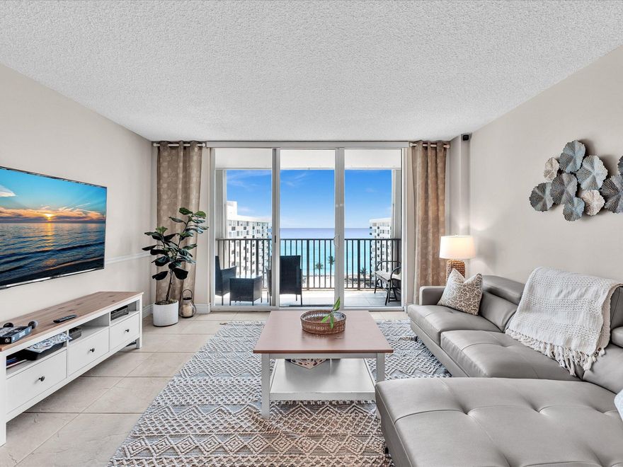 Step inside to this FULLY FURNISHED condo and you'll immediately be overtaken by the incredible and endless ocean views from every room.  The views are much better in person than in the photos.  Secondly, you'll notice how bright, clean, and welcoming this residence feels. The space has been thoughtfully updated with a modern traditional touch, featuring sleek ceramic tile flooring throughout and a neutral color palette that makes it easy to call HOME.  The kitchen is both stylish and functional, with updated cabinetry, quality countertops, and plenty of storage—perfect whether you're cooking a full meal or just putting together something quick before heading out. It opens nicely into the living and dining areas, creating a comfortable flow that's great for everyday living. The living area is spacious and filled with natural light, with large sliding glass doors that lead out to the balcony. It's the kind of space where you can relax during the day and unwind at night while taking in the views.  The bedrooms are fully equipped with quality furnishings and are generously sized with ample closet space, giving you both comfort and practicality. The bathrooms have also been refreshed with clean, modern finishes that keep everything feeling crisp and move-in ready.  Living at Opal Towers West means embracing resort-style amenities just steps from your door: a heated pool overlooking the Intracoastal, deeded private beach access directly across the street for sun-soaked days on pristine sands of the Atlantic Ocean, a fitness center, billiards room, clubroom, barbecue areas, and security for added peace of mind. The building offers that perfect blend of low-maintenance convenience and coastal charm.  This is a must see and the best deal on the Mile.