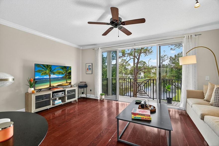 Ideal 2 bedroom suite plan! Main + Upper bedroom suites w/oversized living area in middle w/big eat in kitchen! Premiere end unit with long lake views + immense privacy! Wood floors, tray ceilings, bay window add panache, oversized closets, enclosed garage + close to all things Vero incl Leisure Square, schools + shops make for an ideal full time home, investment property or multi-gen house! Clubh w pool + fitness! Newly painted exterior! A unique plan + community with immense appeal + flexibility of use. Pets + rental 2x yr ok!