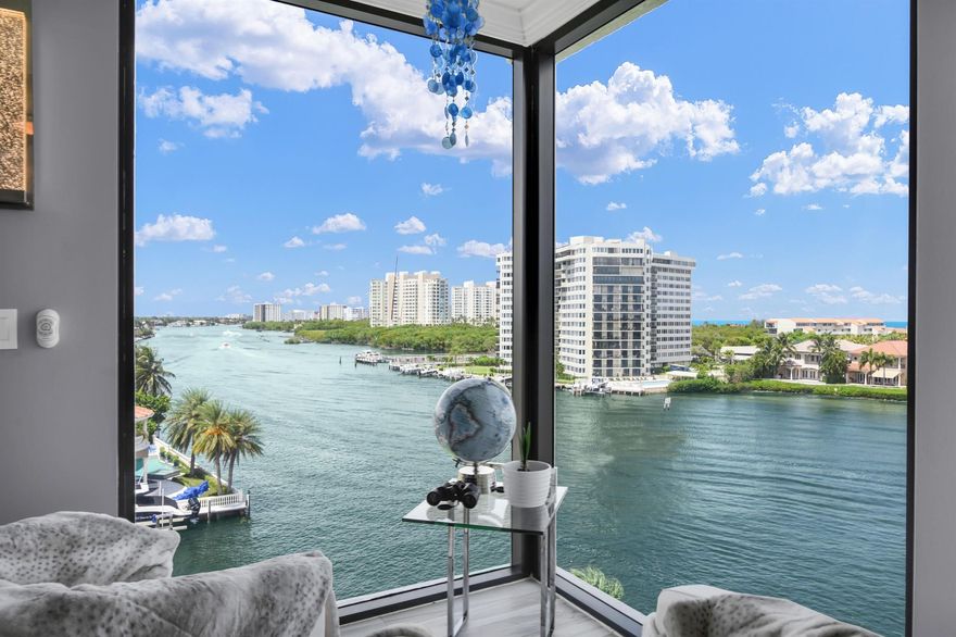 SPECTACULAR ,3BR 2BA Condo Facing the Ocean and Intercoastal Seventh Floor in highly sought after Porta Bella Yacht and Tennis. This designer renovated apartment is a must see, and sure to impress. Furnished. Enjoy an open concept kitchen with spectacular views of OCEAN & INTERCOASTAL and Large Pool . This corner apartment offers two LARGE spacious balconies. Porta Bella East offers many amenities such as PICKLE BALL, TENNIS COURTS, fitness facilities, LARGE Kidney shaped pool, indoor hot tub, putting Green, Sauna, overlooking the over 400 feet of INTERCOASTAL.& Canal, Indoor assigned parking and one. The manicured lush green landscaping, overlooking the intracoastal make Porta Bella truly a one of a kind Hidden Secret of Boca Raton.