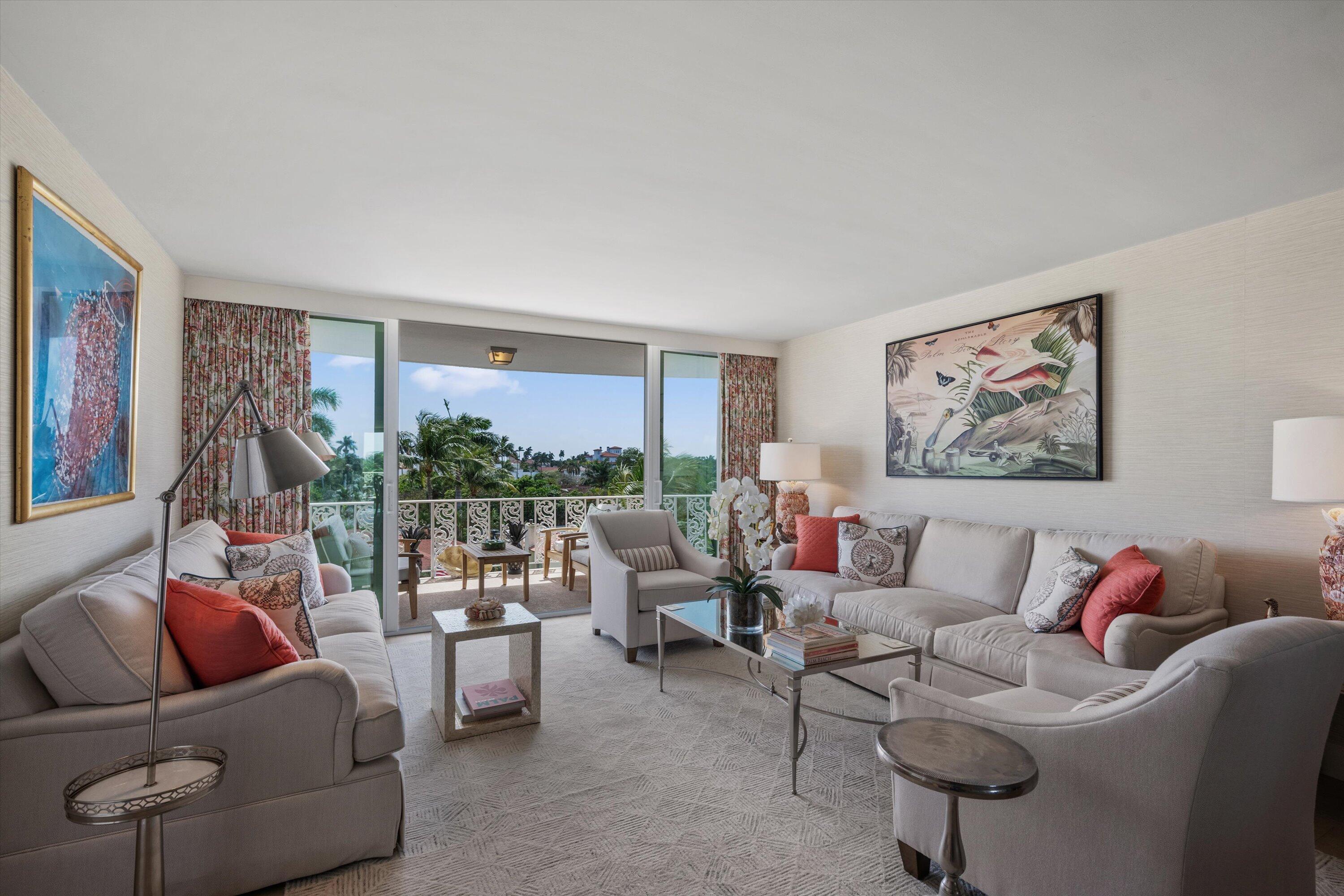 Discover this elegantly reimagined 2-bedroom, 2-bathroom residence in the heart of Palm Beach. Thoughtfully updated with a brand-new kitchen and baths, the home also features a raised front hall ceiling, creating a grand and inviting entrance. Enjoy the convenience of an in-unit washer/dryer and a pet-friendly policy allowing for two small pets and a covered parking. A 24-hour doorperson ensures security and service. Bask in breathtaking panoramic views to the south, framed by lush palm trees and capturing the timeless beauty of Palm Beach. This exquisite apartment boasts an oversized terrace, perfect for multiple seating areas where you can savor stunning sunrises, sunsets, and the refreshing ocean breeze.