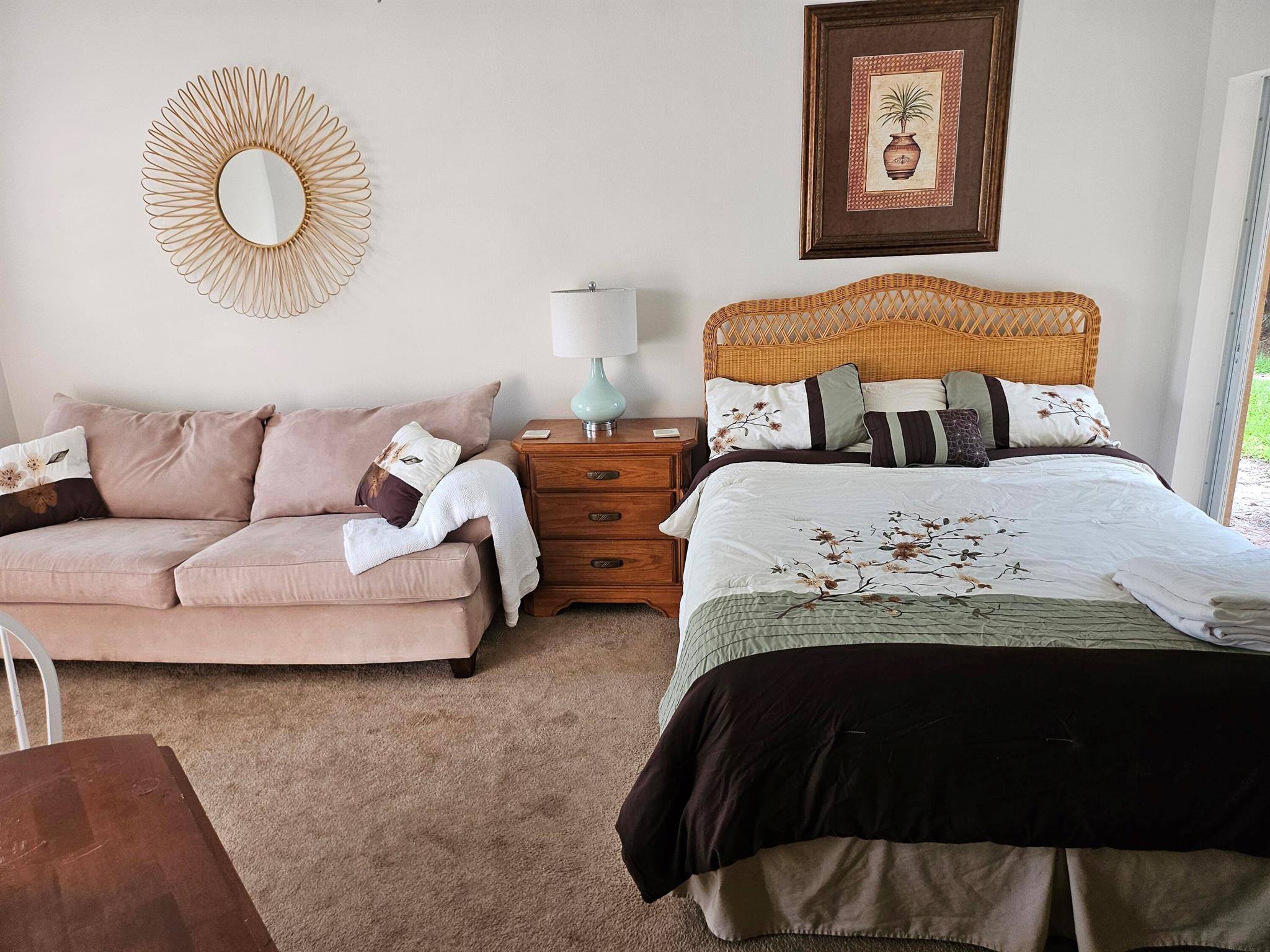 Enjoy low-maintenance living in this beautifully furnished first-floor studio (B unit), tucked away in a quiet cul-de-sac in the highly sought-after Castle Pines community of PGA Village. This unit can also be rented unfurnished. This well-kept unit features an updated bathroom vanity, and a private patio with peaceful views of a lush preserve. Please note: this studio does not have a full kitchen, but includes a refrigerator and microwave for your convenience (no stove or oven). Castle Pines offers 24-hour manned security and a sparkling community pool within walking distance. You'll also have access to the nearby Island Club amenities, just a short 3-5 minute drive away, which include tennis courts, a fitness center, basketball courts, a billiards room, a resort-style pool, and more.