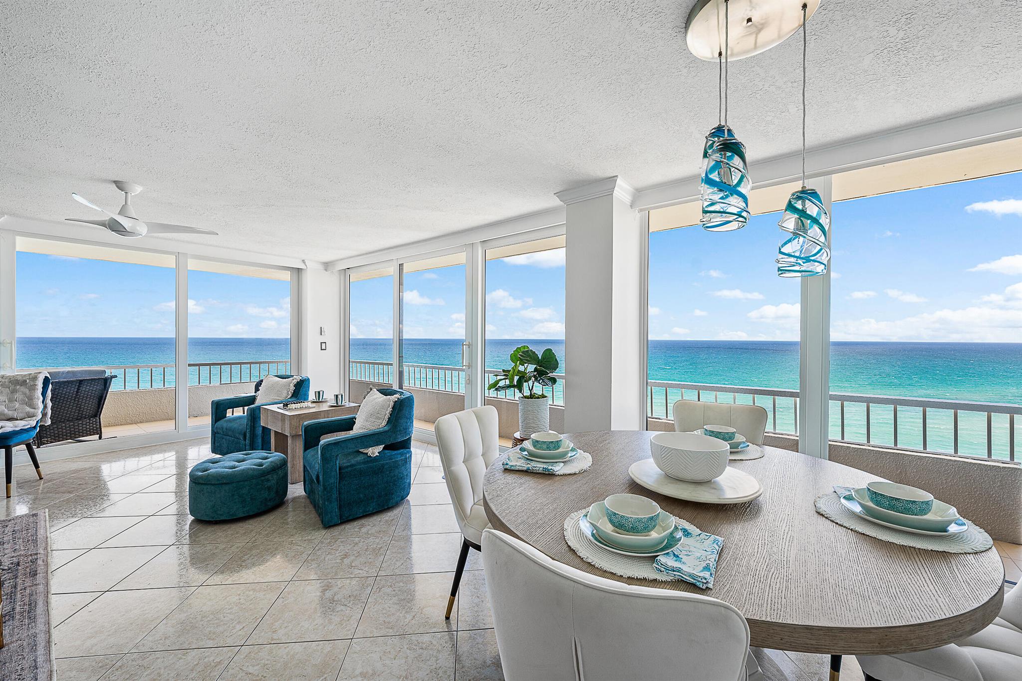 Escape this coming winter with panoramic views surrounded by gorgeous blue & turquoise water overlooking the ocean to the east, John MacArthur State Park just north with a wrap around balcony facing south. This light and bright corner residence has incredible water views from every room with floor to ceiling impact glass windows and slider doors, tile floors throughout, updated kitchen & baths with granite counter tops. Relax watching the boats cruise by while enjoying dining & drinks on your balcony surrounded by wide open views everywhere! This property boasts some of the best views on Singer Island! Weekly housekeeping services available upon request. Water Glades residents have access to many amenities including private beach frontage, two heated pools, pickleball and tennis courts,