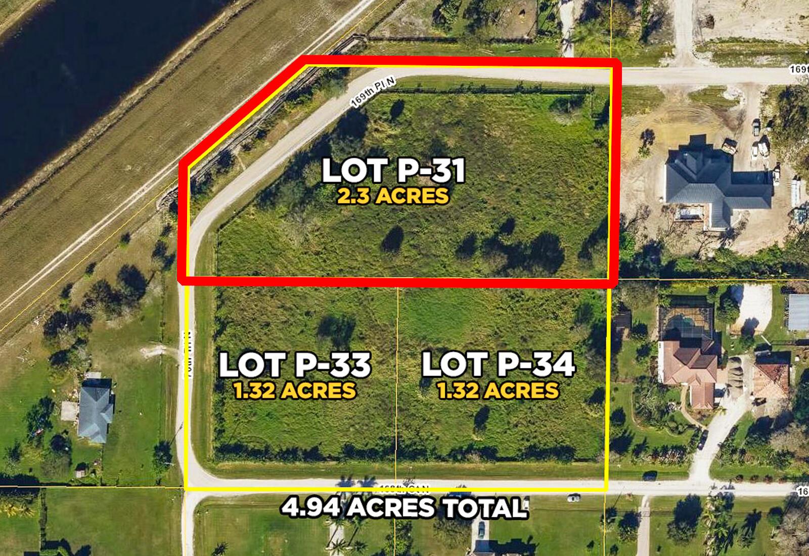 OWNER FINANCING AVAILABLE. This beautiful cleared, fenced, and partially-filled 2.3-acre corner lot (P-31) is located in one of the most secluded areas of Palm Beach Country Estates. Also available for purchase are the two adjoining lots (1.32-acres each) that will allow you to assemble up to a 4.94 acre compound! The C-18 canal is just steps away. Palm Beach Country Estates has municipal water available for hookup, no HOA restrictions, and is located just down the street from Abacoa and Alton Town Center. Very few vacant lots left in this coveted subdivision! Discount offered if all three lots are purchased together.