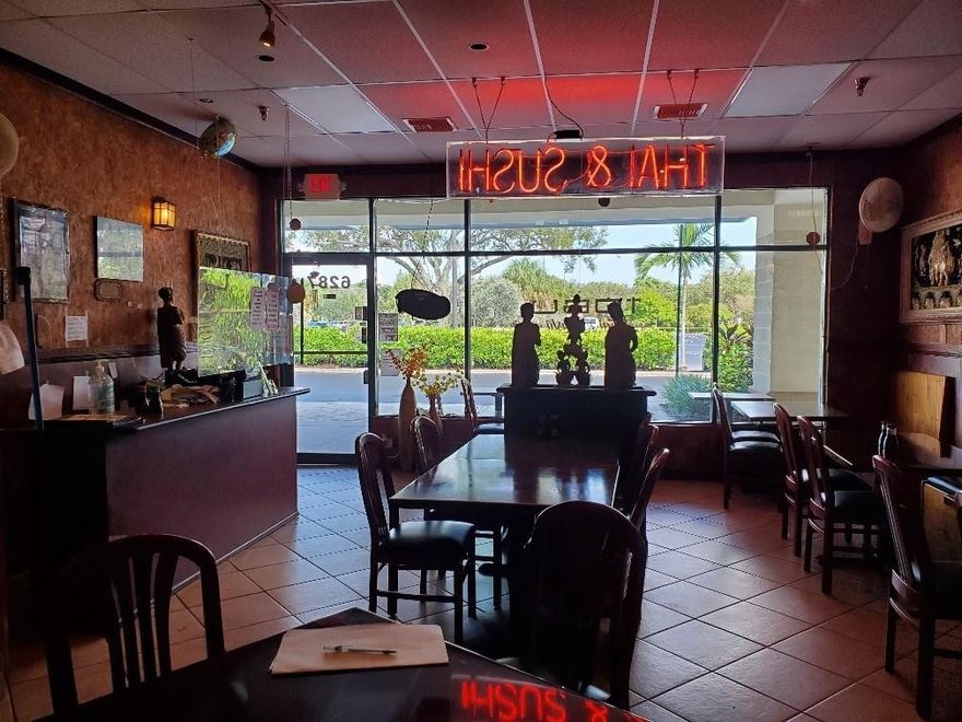 Sushi-Thai-Japanese restaurant in a busy shopping plaza- great area. Cozy inside. And tables outside. Enjoy your meal and walk around the plaza to your favorite stores. Dine in- take out- delivery.
