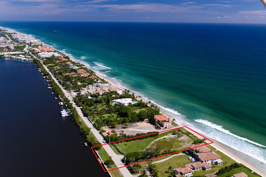 Exceptional Ocean to Intracoastal oversized 2+ acres lot with over 200 feet of direct ocean frontage. Expansive Intracoastal and ocean views make this an incredible opportunity to build your custom Manalapan estate.