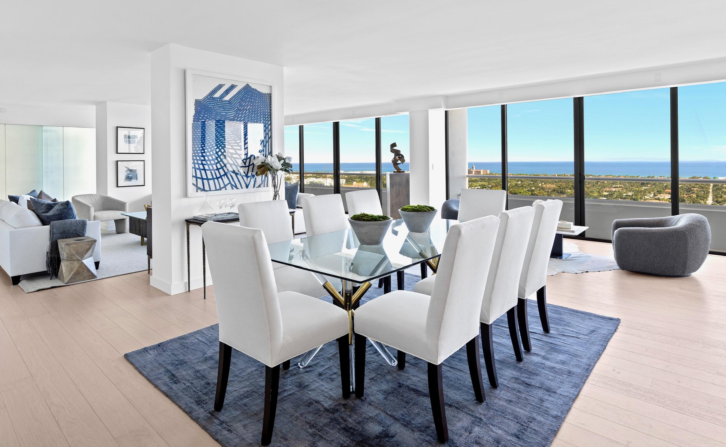 EXQUISITE & BRAND NEW MODERN PERFECTION- Over 4,000 SF with the most spectacular ocean and Intracoastal views. This 3-Bed + Office (Ocean views) boasts 2 more bonus rooms & 4.1-Bathrooms. Absolutely the most innovative double-unit floor plan in the building. Open floor plan & sleek timeless design, using the highest quality designer finishes and wood flooring throughout. Beautifully staged by Meridith Baer. The state-of-the-art kitchen features stunning Quartz & Glass countertops. Elevator opens into your own stunning private foyer with marble floors. The primary suite includes dual OVERSIZED walk-in closets & baths. Impact glass throughout. The Plaza-24 hour security, doorman, valet, and concierge building- is one of the best locations on Flagler Drive!