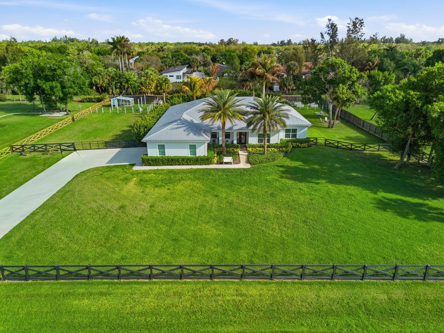 THIS WILL NOT LAST! Meticulously Upgraded! Lushly Landscaped 1.25 fully fenced acres in Jupiter Farms. Key West-style 2017 CBS home boasts impact windows and metal roof.  Top of the line "platinum" whole-house reverse osmosis system, which also pumps into the pool. 2025 high-efficiency AC, 2024 pool pump and pool heater, 2023 panoramic pool enclosure. 2022 "Life Saver" child safety fence. The kitchen features solid wood dovetail cabinetry, quartz countertops, and a 64" Frigidaire Professional refrigerator. Other upgrades include Plantation shutters, designer lighting and fans, and custom wood shelving pantry. Professionally landscaped w/zoned irrigation, raised garden beds, and 2023 custom chicken coop. Canal access to 680 acre Riverbend Park to enjoy canoeing, fishing, equestrian trails.