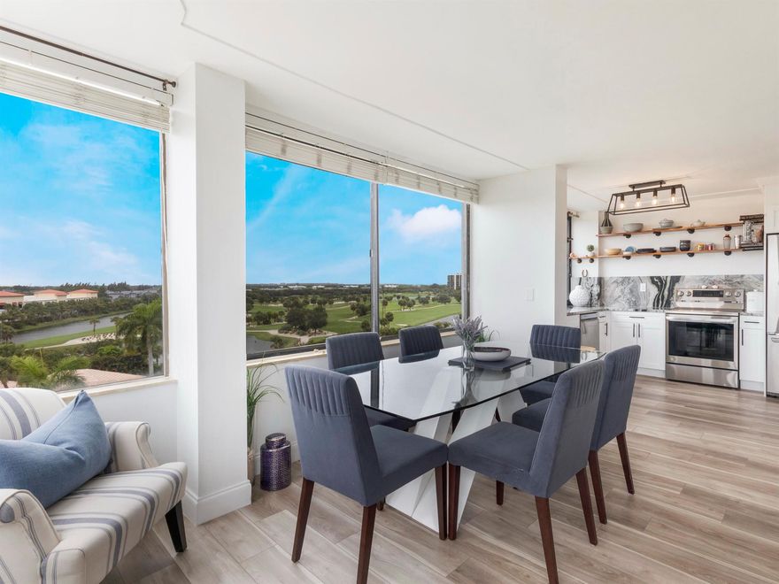 Elevate your lifestyle in this rare, sun-drenched 7th-floor corner condo boasting 2 spacious bedrooms and 2 bathrooms with expansive wrap-around windows that frame sweeping panoramic views of the prestigious Jack Nicklaus Signature, Banyan Cay Golf Course. Start your day on the private balcony and finish the day with breathtaking sunsets. All just steps from the Palm Beach Outlets and Whole Foods. Whether you're looking for an inspired year-round residence or an ideal seasonal escape, this prime location places you just 10 minutes from Palm Beach Airport and downtown West Palm Beach. A rare opportunity in today's competitive market where homes of this caliber are seldom found at such an accessible price. AC replaced end of 2023. Don't miss your chance to own this condo!