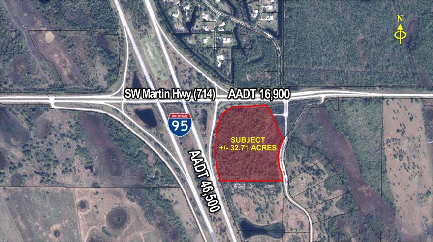 +/- 32.71 acre commercial development site has an excellent location along I-95 at Exit 110 in southeast Florida. The zoning allows a variety of commercial uses including gas station/convenience
store, restaurant, hotel and other commercial/retail uses. Great location and one of the last remaining
commercial sites along the corridor on the Treasure Coast. Lots of new housing planned to the east, along with large industrial projects planned both east and west. Heavy commuter corridor along I-95 and into Palm City/Stuart. Martin Hwy is major connector to Indiantown and Okeechobee.
