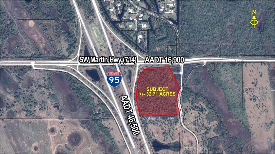 +/- 32.71 acre commercial development site has an excellent location along I-95 at Exit 110 in southeast Florida. The zoning allows a variety of commercial uses including gas station/conveniencestore, restaurant, hotel and other commercial/retail uses. Great location and one of the last remainingcommercial sites along the corridor on the Treasure Coast. Lots of new housing planned to the east, along with large industrial projects planned both east and west. Heavy commuter corridor along I-95 and into Palm City/Stuart. Martin Hwy is major connector to Indiantown and Okeechobee.